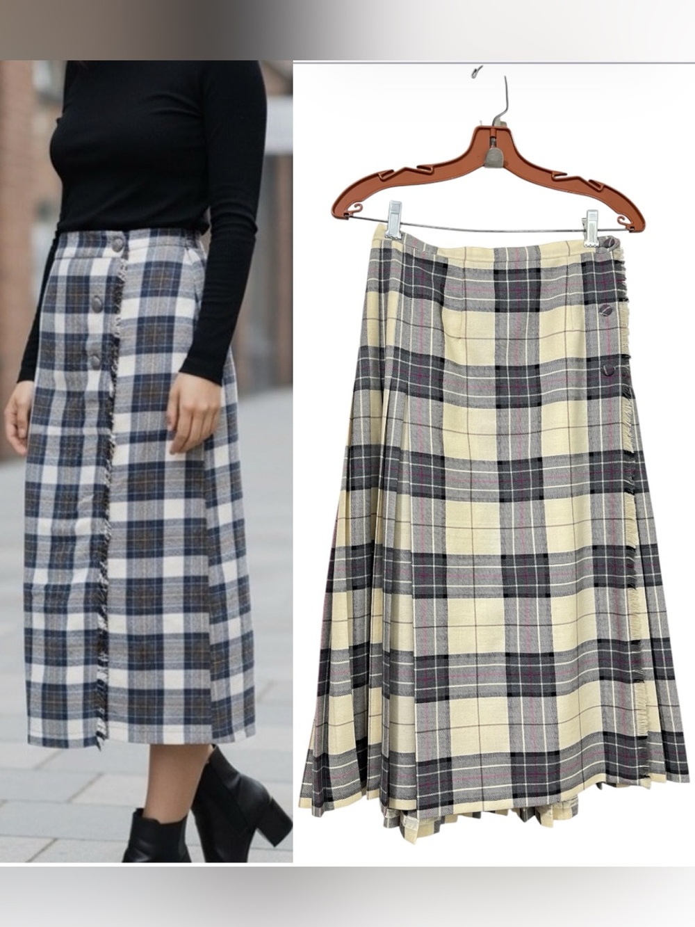 Vintage Surrey Classics Wool Plaid A-Line Midi Wrap Skirt in Cream and Grey